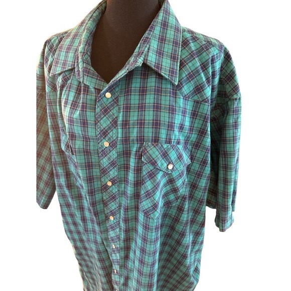 Wrangler Shirt Adult Large Blue Teal Casual Cowboy Rodeo Mens Western Pearl Snap - Picture 2 of 8